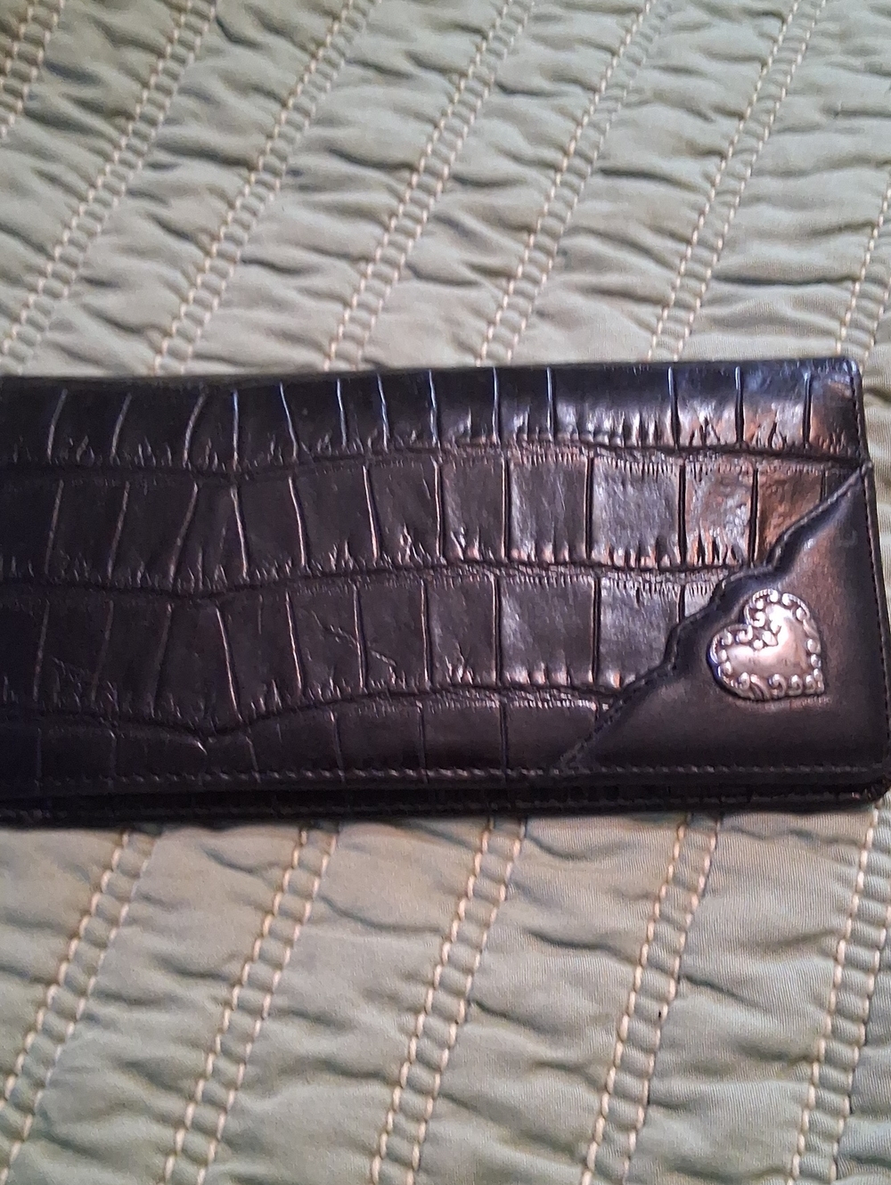 Brighton Black Croc-Embossed Card Wallet with Silver Heart Charm